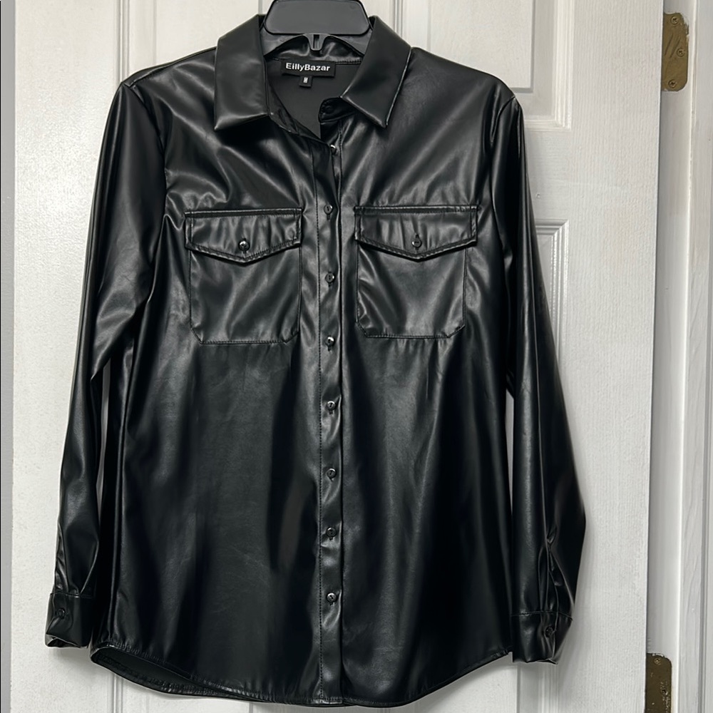Black Faux Leather Button-Up Shirt/Jacket